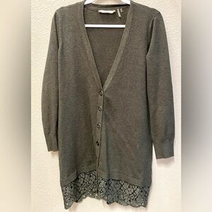 Soft Surroundings Forest Green V- Nexk Cardigan with Lace Detail